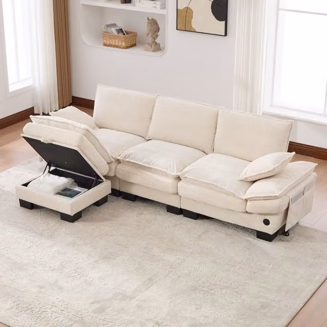Sofá Modular de 3 Plazas Kellany en Pana Beige y Blanco con Otomana, Asiento Elevable y Puerto de Carga USB, An/P/Al: 260 x 132 x 84 cm