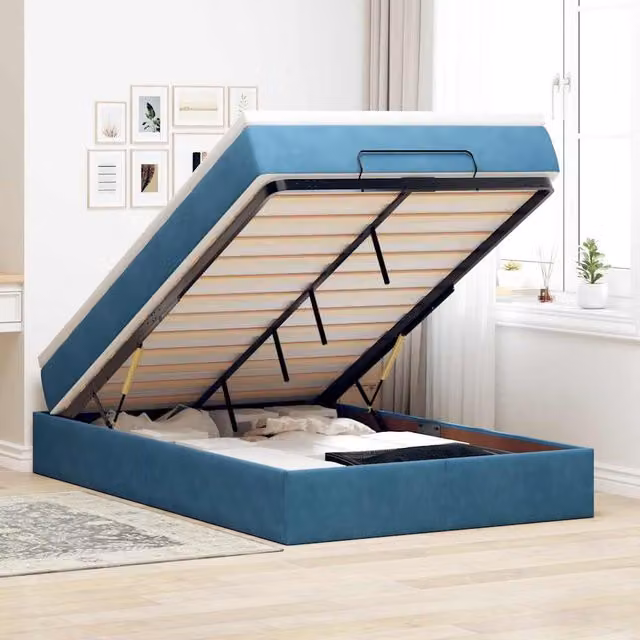 Estructura de cama otomana con base abatible Maison Exclusive en terciopelo azul oscuro, An/P/Al: 120 x 200 x 28 cm