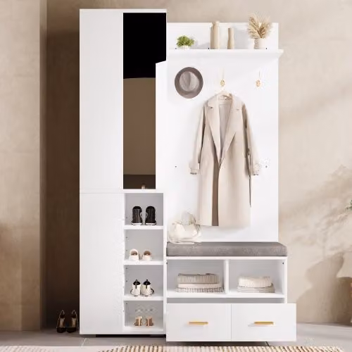Conjunto de recibidor YULINLAND blanco con espejo, banco zapatero y 2 cajones, An/P/Al: 120 x 35 x 190 cm