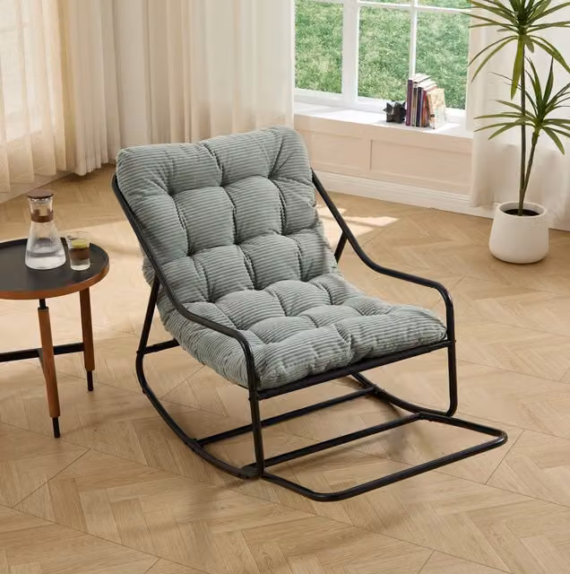 Mecedora de exterior moderna WISHDOR con cojines de espuma, estructura de acero lacado negro y color verde