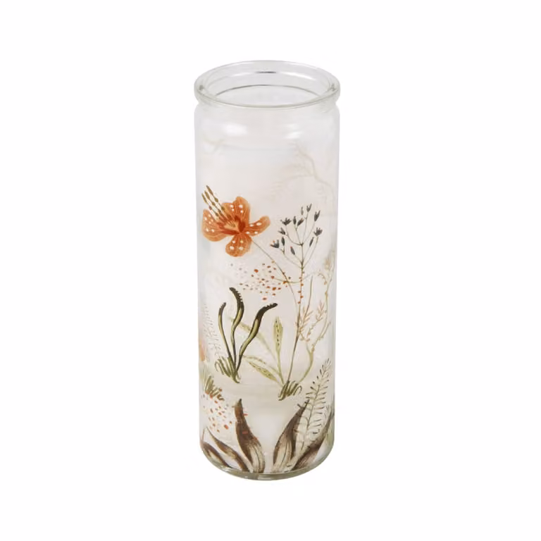 Vela perfumada floral y frutal de Maisons du Monde en vaso de vidrio redondo con motivos vegetales disponible en azul, verde, blanco, rojo o transparente