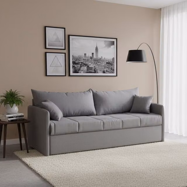 Sofá cama de 3 plazas DMORA en color gris, con estructura de madera sólida, fundas desenfundables y sistema de cama extraíble para salón