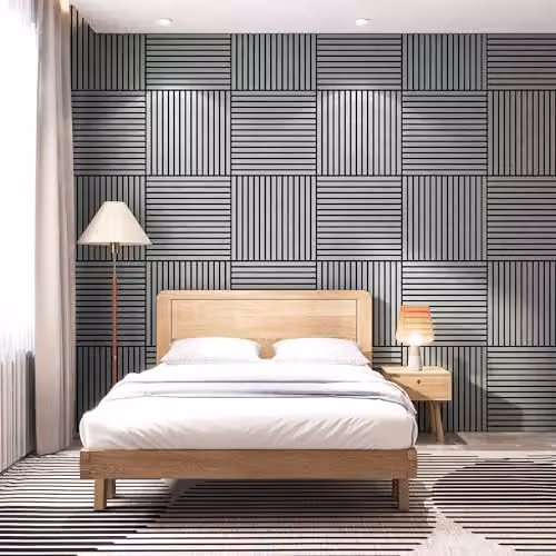 Juego de 16 paneles acústicos decorativos NEU.HOLZ Vang de estilo escandinavo en MDF y fieltro PET, revestimiento mural de listones lineales, Roble Gris Claro, An/P/Al: 60 x 60 x 2 cm