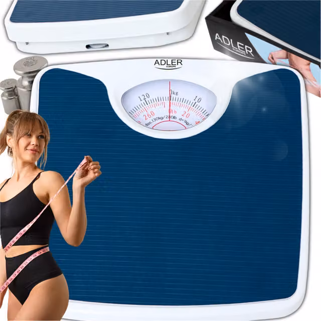 Báscula de baño mecánica Adler AD8151B con precisión analógica, capacidad de 130 kg, color blanco y azul