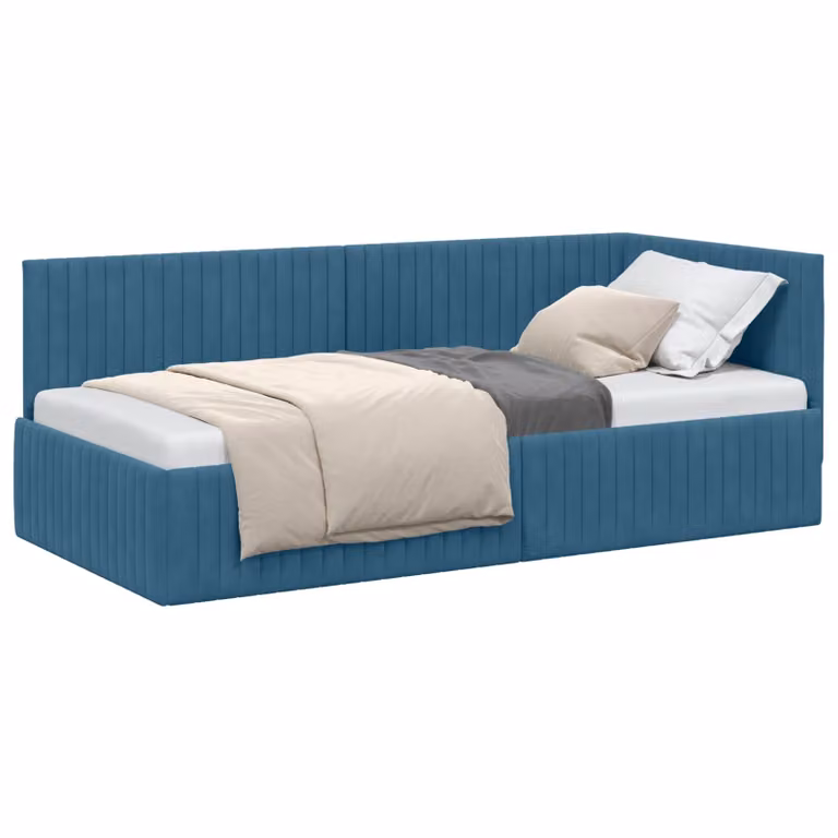 Estructura de cama de esquina moderna vidaXL tapizada en terciopelo azul con chaise longue y láminas de madera, An/P/Al: 90 x 190 cm