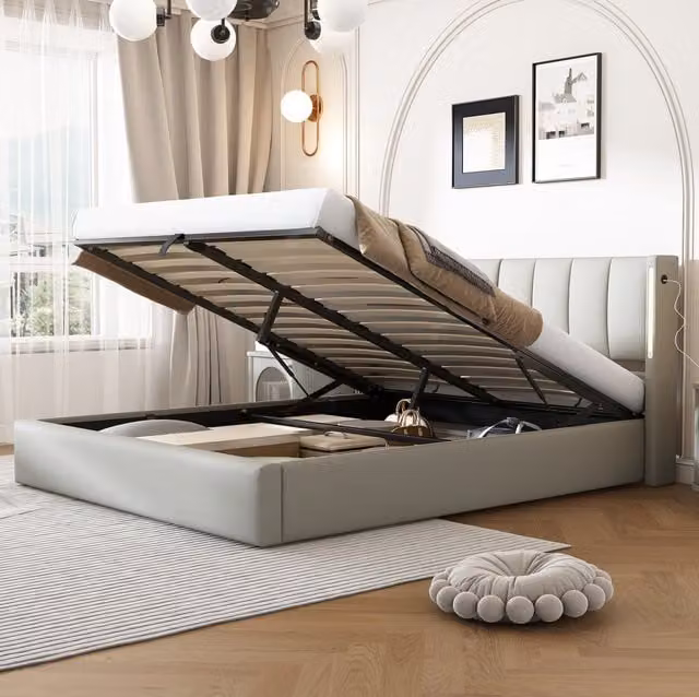 Cama Mivray con espacio de almacenamiento y base abatible en color gris, tapizada, con iluminación LED, puerto de carga USB y somier de láminas incluido, An/P/Al: 140 x 190 cm