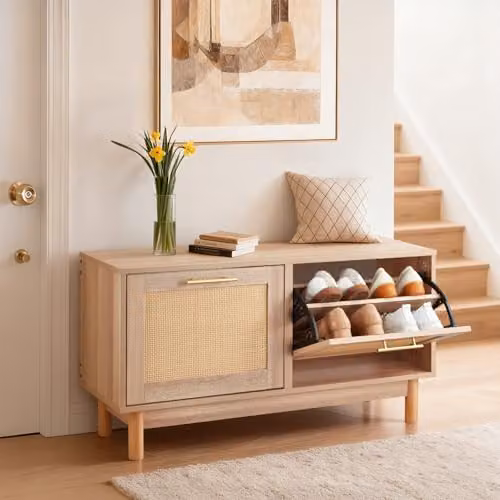 Banco zapatero VEVOR con puertas de ratán y cajones abatibles, organizador de madera de pino para recibidor, salón o dormitorio, color marrón y beige, An/P/Al: 100 x 30 x 53 cm