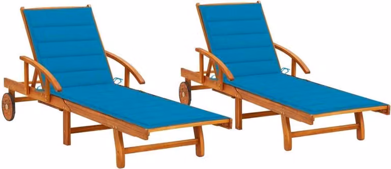 Set de 2 tumbonas Syfax de madera de acacia tratada con cojines azules para jardín o terraza