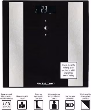 Báscula de grasa corporal Proficare PW 3007 con análisis de 8 funciones en cristal y acero inoxidable, color negro
