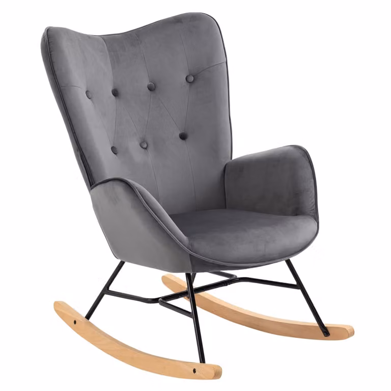 Mecedora escandinava Meubles Cosy con tapizado de terciopelo gris y estructura de madera y metal