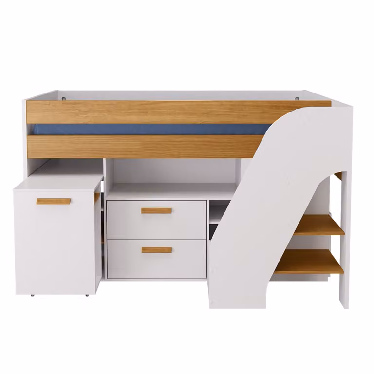 Cama media con escritorio integrado y colchón de espuma ID Kids en blanco y marrón, An/P/Al: 90 x 200 cm