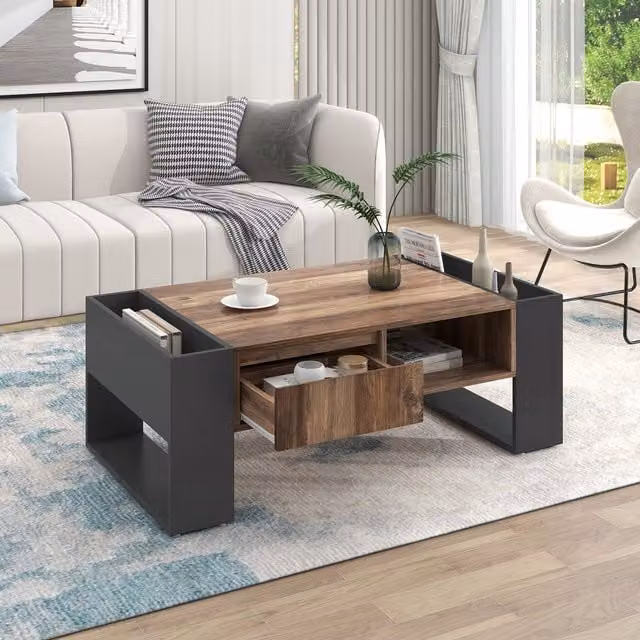 Mesa de centro moderna REDOM con almacenamiento a doble cara y cajón sin tirador, acabado mate en negro, gris y marrón, An/P/Al: 111 x 60 x 40 cm