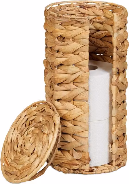 Portarrollos de papel higiénico de pie con tapa para 3 rollos de repuesto de relaxdays, color beige, de jacinto de agua y hierro, An/P/Al: 34 x 18 x 1 cm