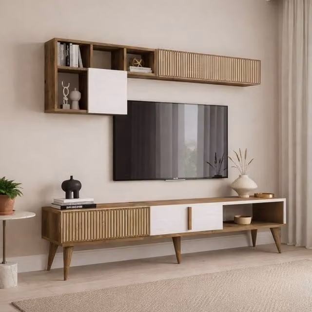 Mueble de sala modular Ostro de DMORA con 10 estantes y 4 puertas en color nogal marrón