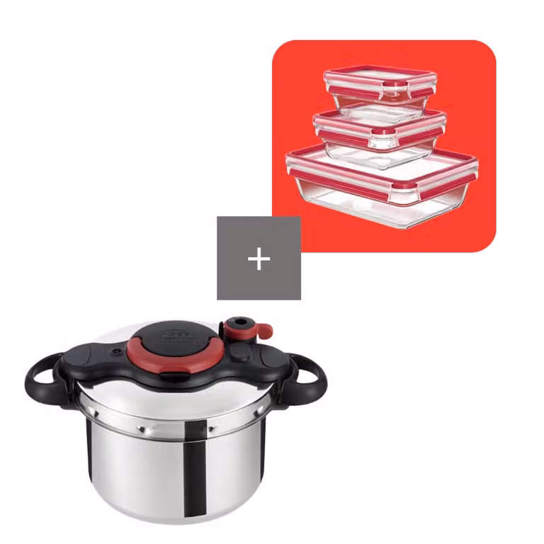 Pack de olla a presión Tefal Clipso Minut Easy de 6 L color plata con set de recipientes herméticos de cristal y acero inoxidable