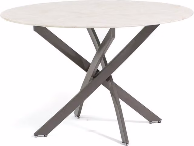 Mesa de interior redonda moderna con tablero de vidrio transparente y estructura de metal rosa, Diámetro: 120 cm, Altura: 76 cm
