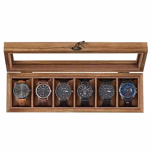 Caja para relojes SONGMICS de madera con 6 compartimentos, tapa de cristal y acabado nogal rústico, An/P/Al: 35 x 10,2 x 8,5 cm