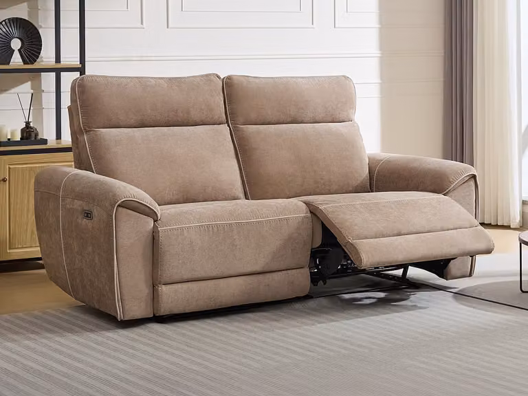 Sofá de 3 plazas reclinable eléctrico Vente-Unique DJARALO en tela color topo con carga USB An/P/Al: 200 x 106 x 86 cm