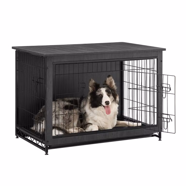 Feandrea Jaula para Perros con Mesa Auxiliar, 2 Puertas y Bandeja Extraíble, Negro Mate