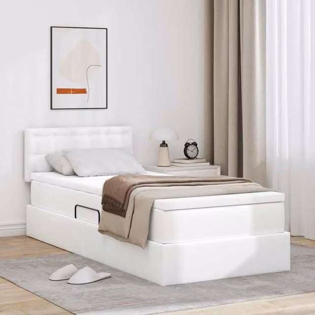 Cama Maison Exclusive con almacenamiento y luz LED en cuero sintético blanco, An/P/Al: 100 x 200 x 204 cm