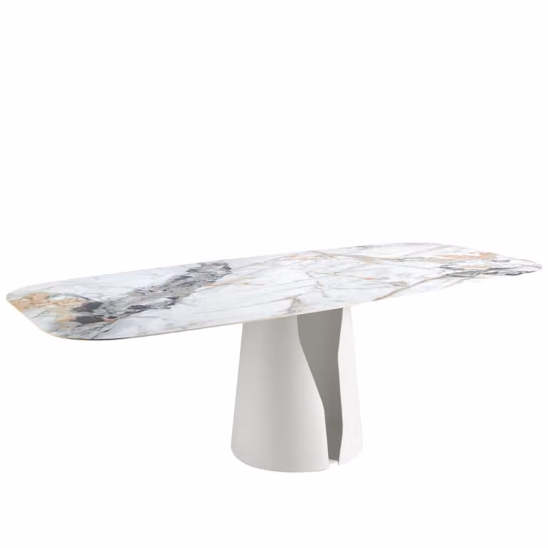 Mesa de comedor ovalada Angel Cerdá S.L. de mármol porcelánico y acero con diseño de barril en blanco, gris o marrón, An/P/Al: 238 x 110 x 76 cm