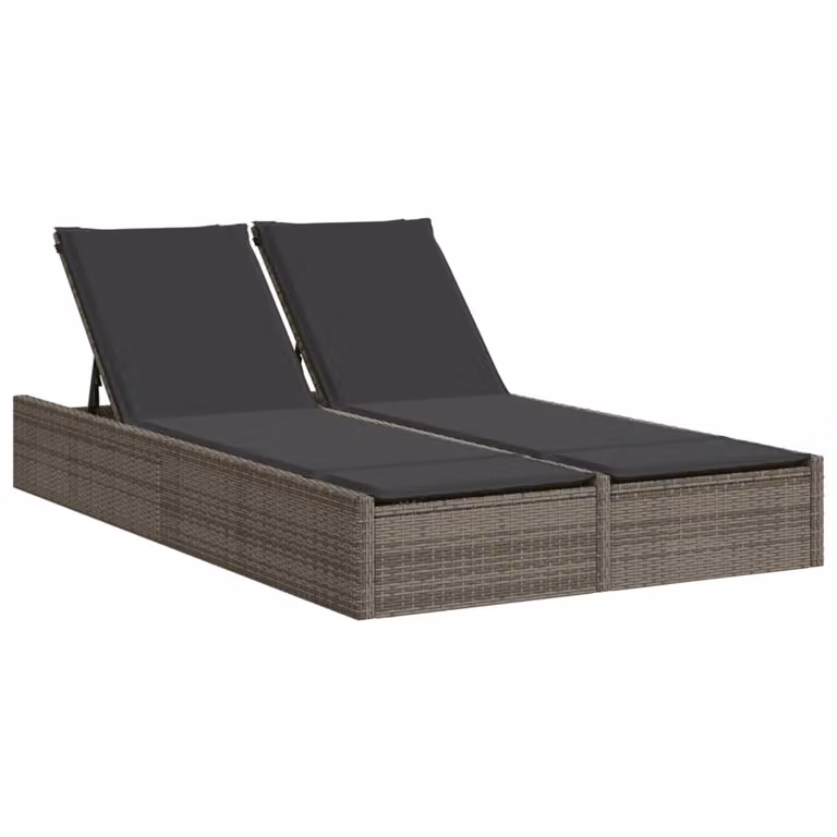 Tumbona doble Syfax de ratán sintético y metal en color gris con cojines de poliéster resistente a los rayos UV y reposacabezas ajustable