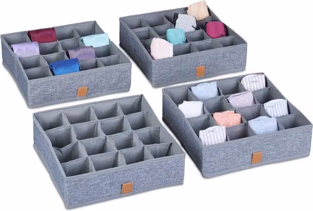 Set de 4 cajas organizadoras relaxdays para calcetines y ropa interior con 16 compartimentos, color gris, An/P/Al: 29 x 29 x 9 cm
