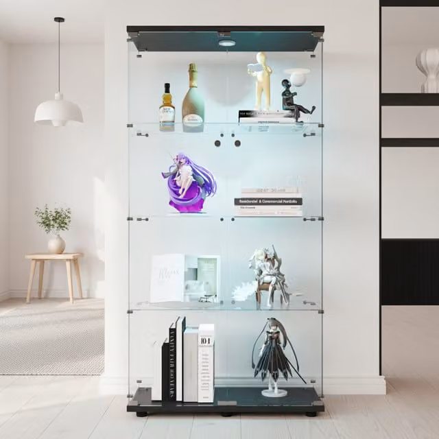 Vitrina NAHILIMI de cristal con iluminación LED, botellero y cerradura en color negro