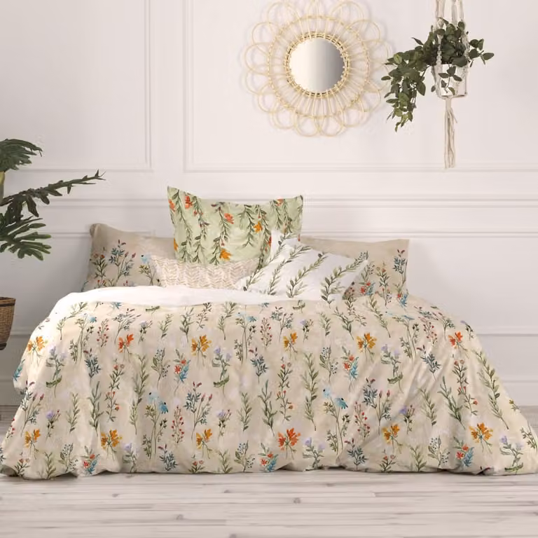 Funda nórdica Happy Friday de algodón con diseño floral multicolor y beige, An/An/Al: 220 x 220 cm