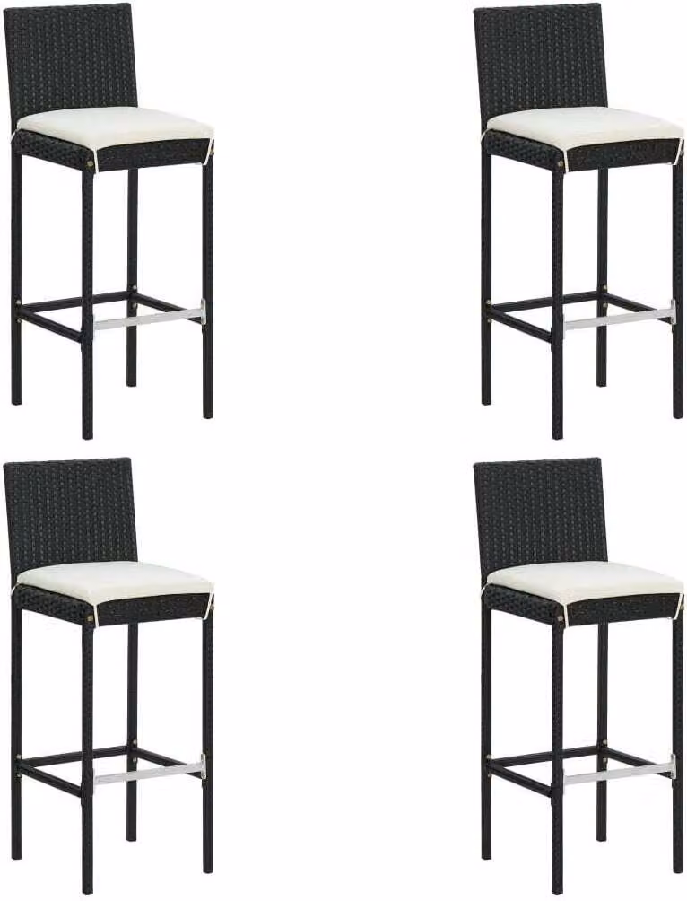 Set de 4 taburetes altos de jardín Syfax en ratán sintético y acero con cojines beige y negro