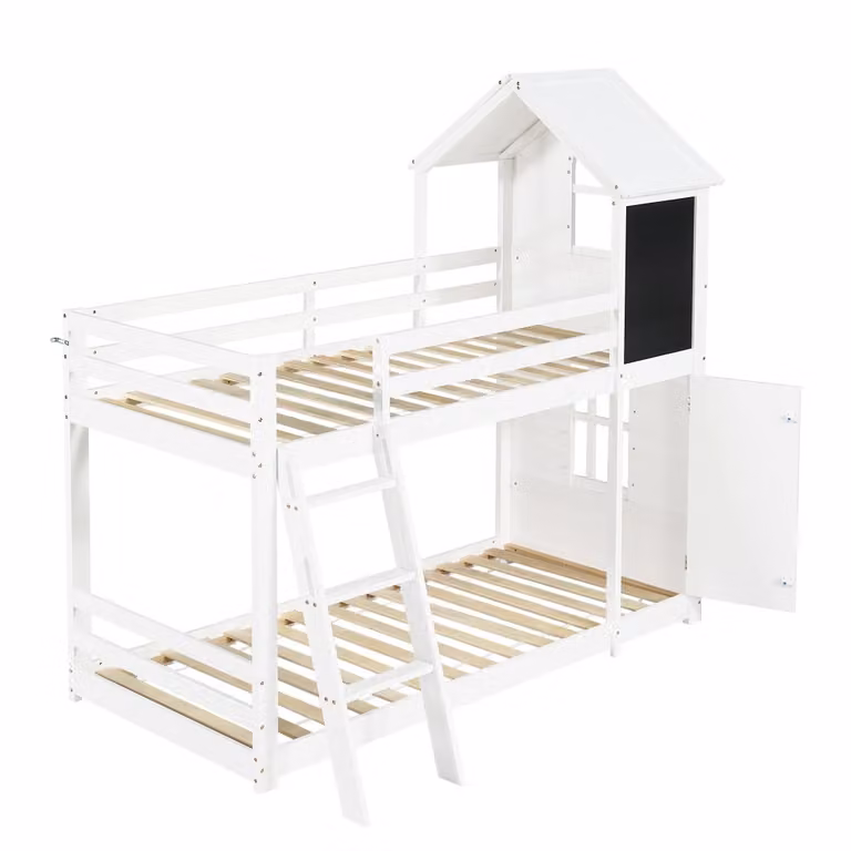 Litera infantil MODFU de madera y MDF con estructura de casa y zona de juegos, color blanco, An/P: 90 x 200 cm