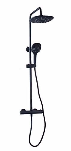 Columna de ducha termostática Berens de EUROSANIT en negro mate con rociador de lluvia, teleducha y columna rígida para instalación en pared