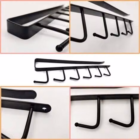 Set de 3 soportes colgantes MIMIY para vasos y ganchos de almacenamiento para armario en metal color negro sin necesidad de taladrar