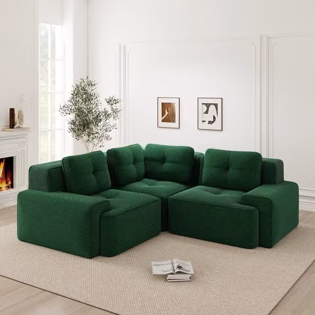 Sofá Modular Combinable Kellany en Tela de Pana Verde para Salón u Oficina