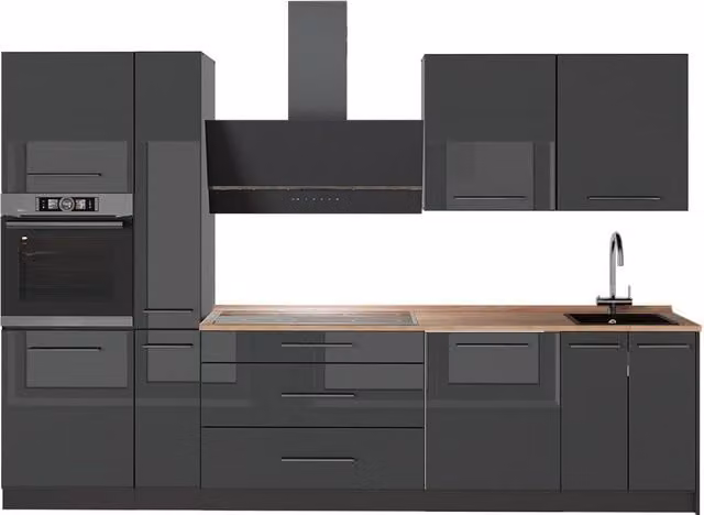 Mueble de cocina Vicco Fame-Line en color antracita alto brillo y roble con An/P/Al: 310 x 60 x 270,7 cm