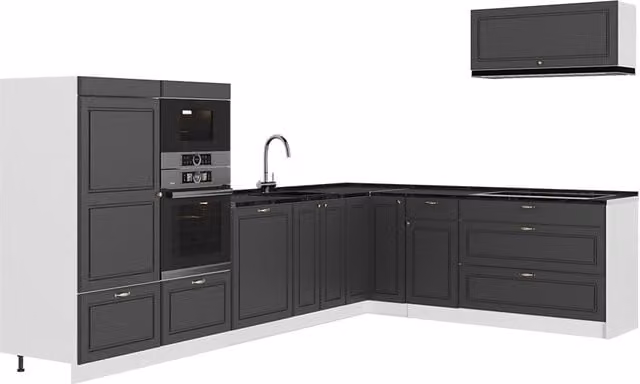 Cocina esquinera Vicco Fame-Line en color antracita, oro y blanco con estilo Landhaus, An/P/Al: 327 x 227 x 60 cm