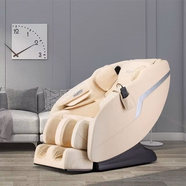 Sillón de masaje Home Deluxe KELSO con función de gravedad cero y tapizado en piel sintética, color beige, An/P/Al: 138 x 73,5 x 103 cm