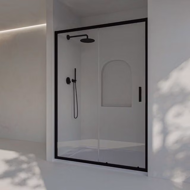 Mampara de ducha Soulhome con panel fijo y puerta corredera, vidrio de seguridad de 6 mm con tratamiento antical y perfilería negra, An/P/Al: 163,5-168 x 195 cm