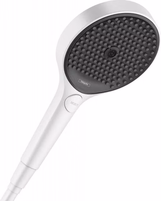 Teleducha Hansgrohe Rainfinity 130 con 3 tipos de chorro (Rain, Mist, Jet) en blanco mate y diseño redondo con sistema antical