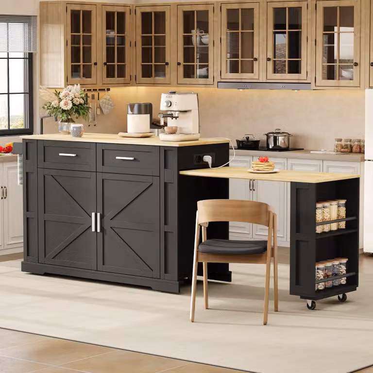 Isla de cocina Okwish con encimera extensible, estante ajustable, cajones, regleta de enchufes y ruedas, color beige y negro