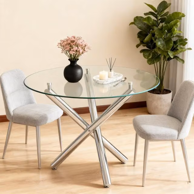 Mesa de comedor redonda REDOM con tablero de vidrio transparente y base de metal plateada An/P/Al: 80 x 80 x 76 cm