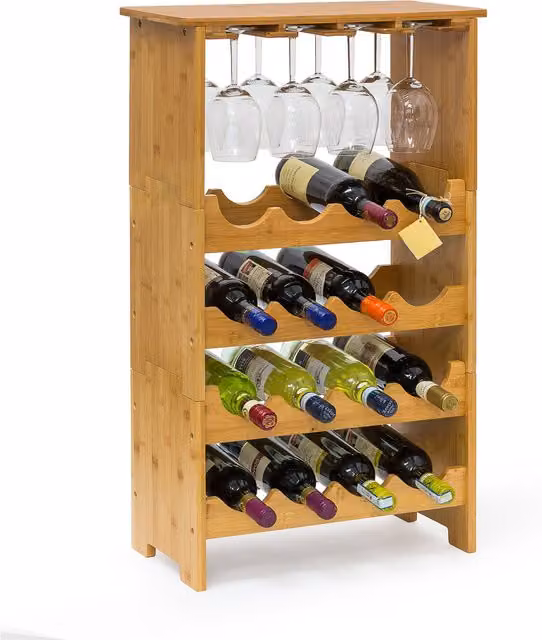 Botellero de bambú Relaxdays para 16 botellas y 12 copas, estante apilable de 3 niveles, color marrón natural, An/P/Al: 84 x 50 x 24 cm