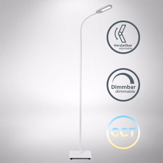 Lámpara de pie LED Briloner en color blanco con control táctil, función de memoria y temperatura de color regulable de 3000K a 6000K, 8W y 600lm