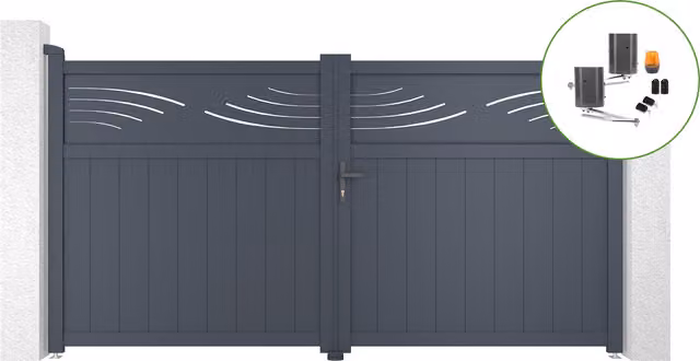 Portón eléctrico abatible doble Casanoov Halti 300B160 de aluminio color gris con motor y brazo B500, An: 304 cm, Al: 161 cm