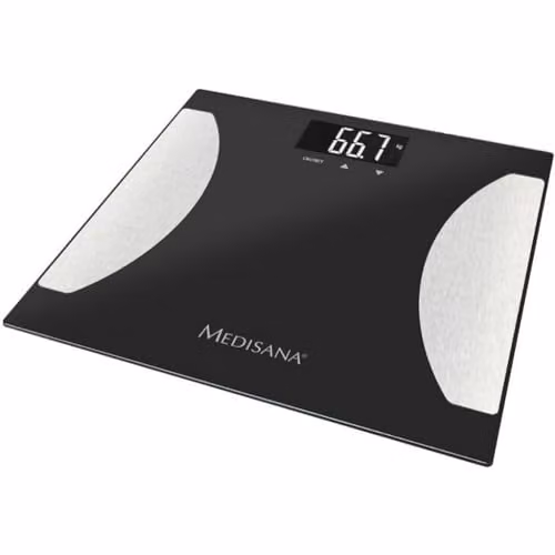 Báscula digital de análisis corporal medisana BS 475, medición de grasa, agua, masa muscular y peso óseo, hasta 180 kg, Negro/Plata