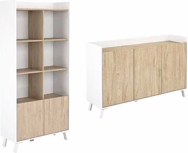 Conjunto de mueble Meka Block de 2 piezas en blanco y roble para salón o dormitorio