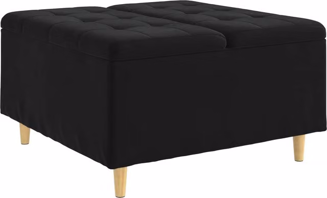 Otomano de almacenamiento SYFAX en terciopelo negro con estructura de madera, An/P/Al: 80 x 80 x 45 cm