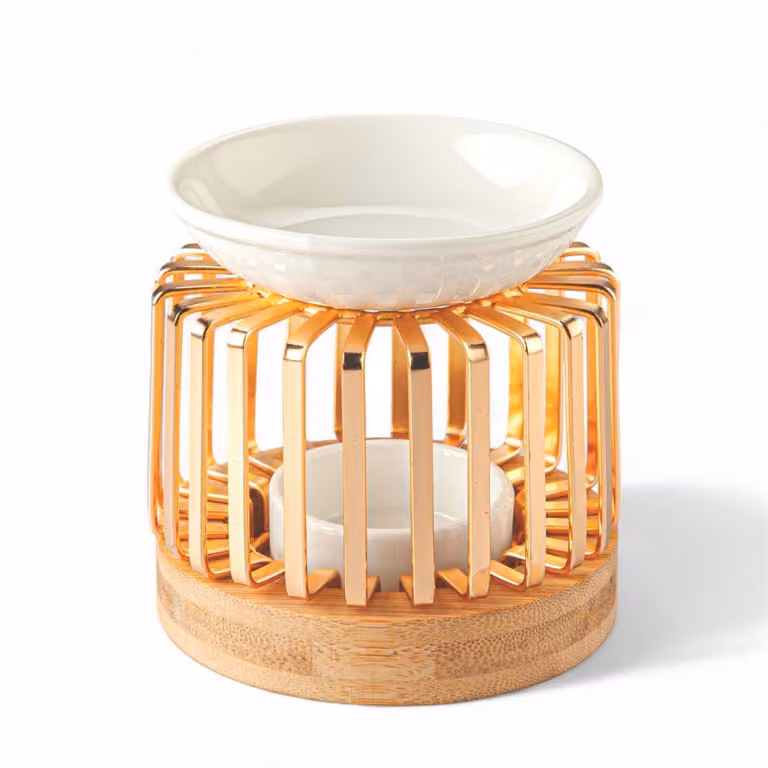 Quemador de perfume Zen'Arôme para tealight en cerámica, madera y metal dorado, color blanco, Altura: 10 cm