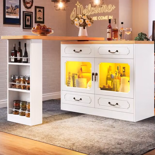 Mesa de bar extensible MODENVIE blanca con tablero giratorio 360 grados, 4 cajones, estante lateral y detalles en cristal para cocina o comedor