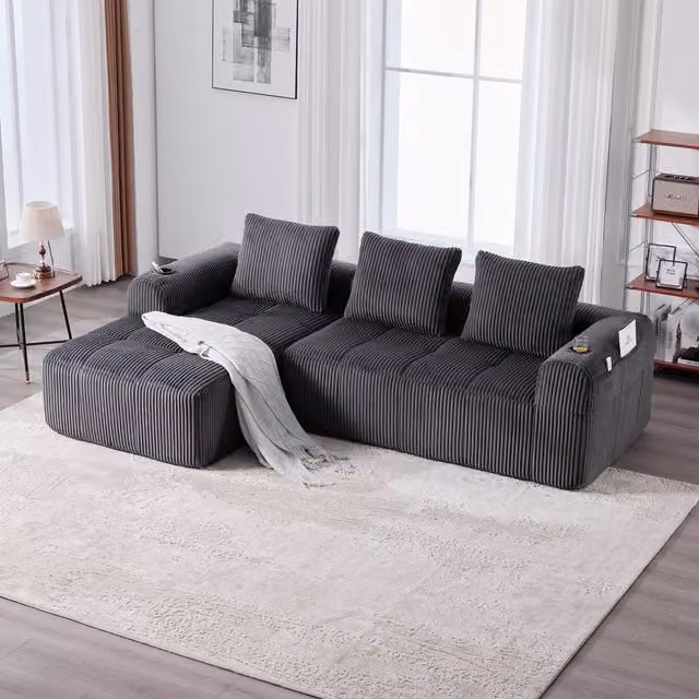 Sofá Modular en Forma de L Kellany Gris con 3 Cojines, Portavasos y Bolsillo Lateral